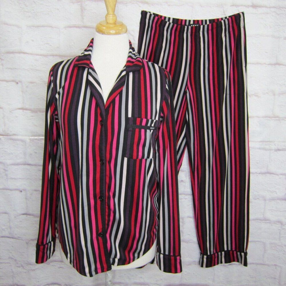 DKNY Pajama Set Sleepwear Long Sleeve Size S Jeweled Stripe Stretch Jersey Knit